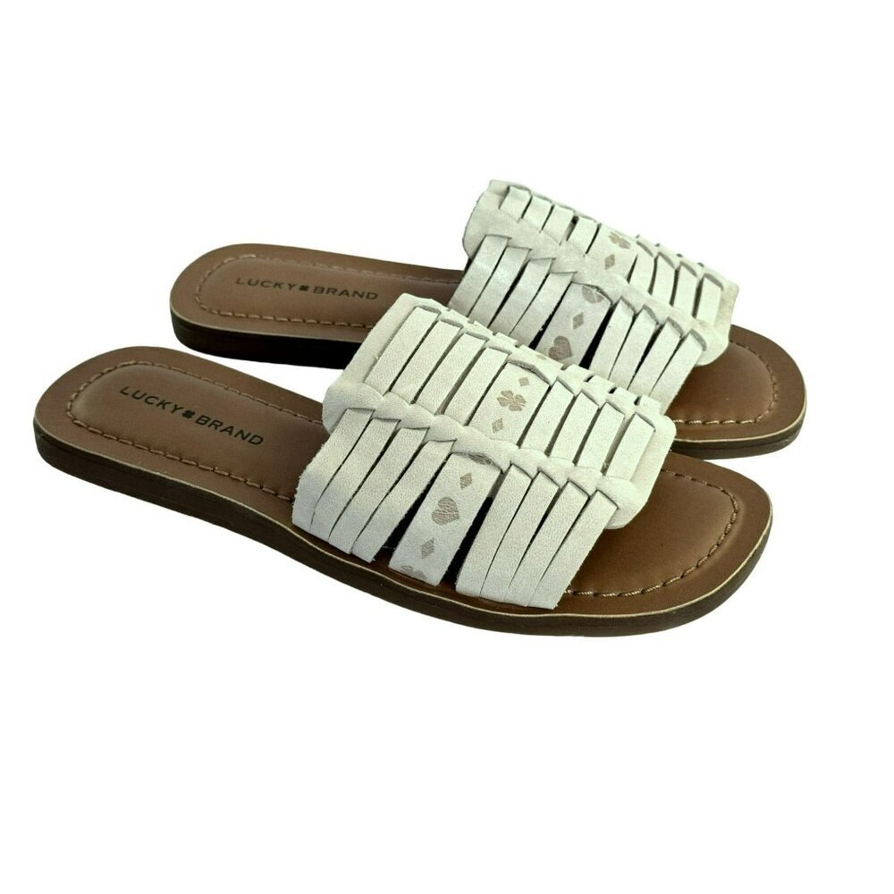 Lucky Brand Women’s Baneen Leather Strappy Slide Sandals Putty Sz 6.5M 36.5 NEW